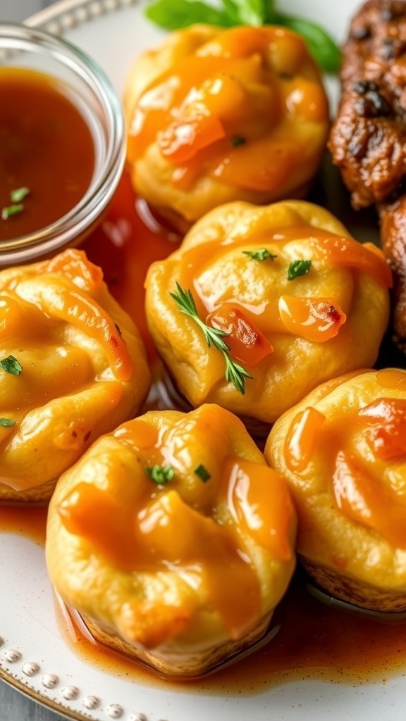 Golden onion Yorkshire puddings on a plate with roast dinner and gravy.